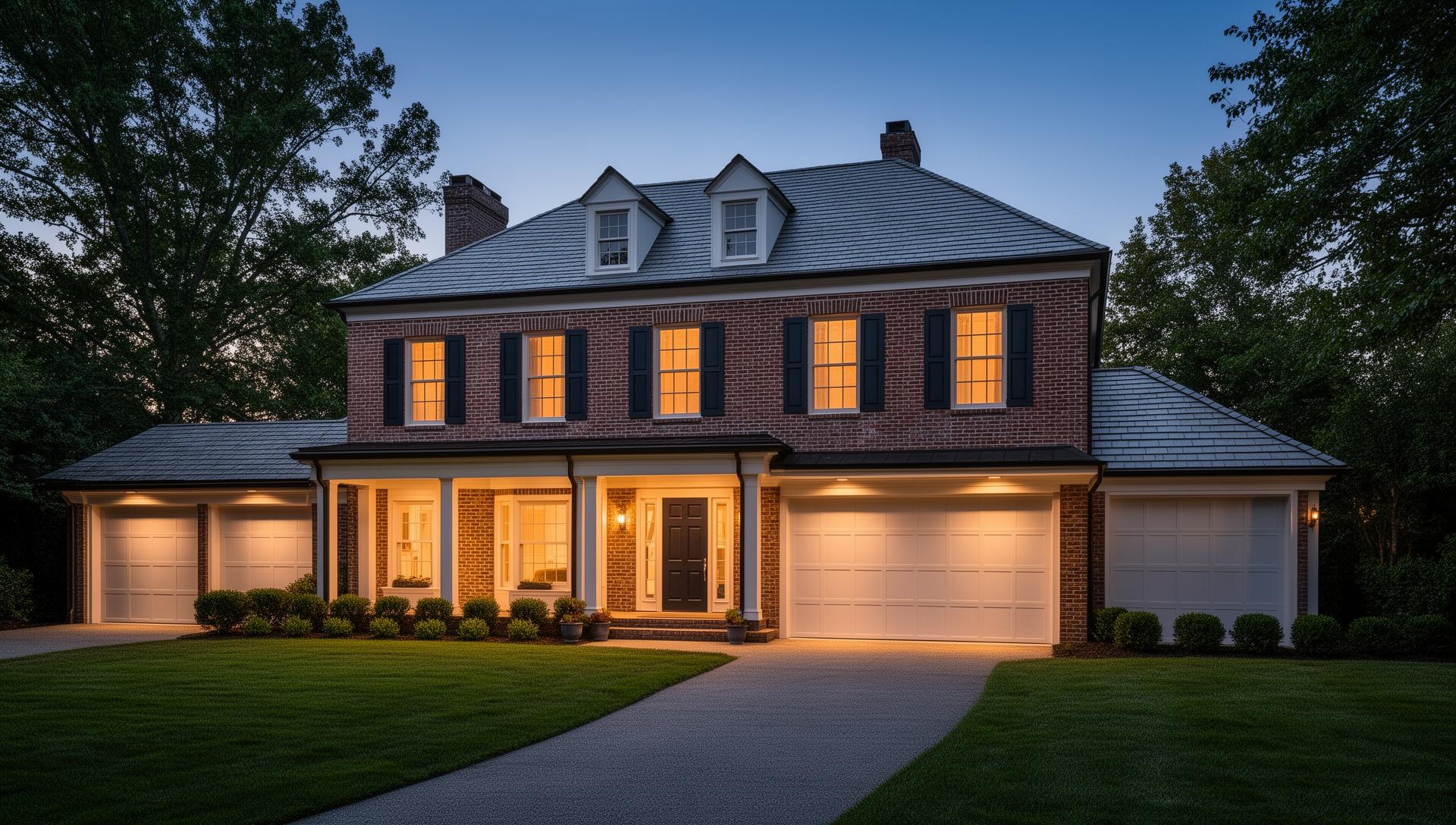 Beautiful colonial home with modern garage doors at dusk in the Seacoast NH region